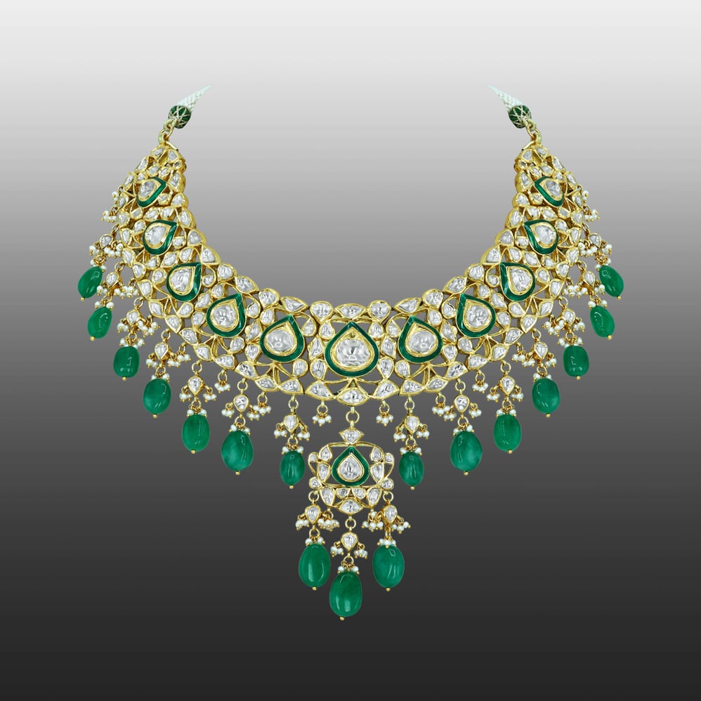 Pear Shaped Polki Choker with Emerald Drops and Cascading Design